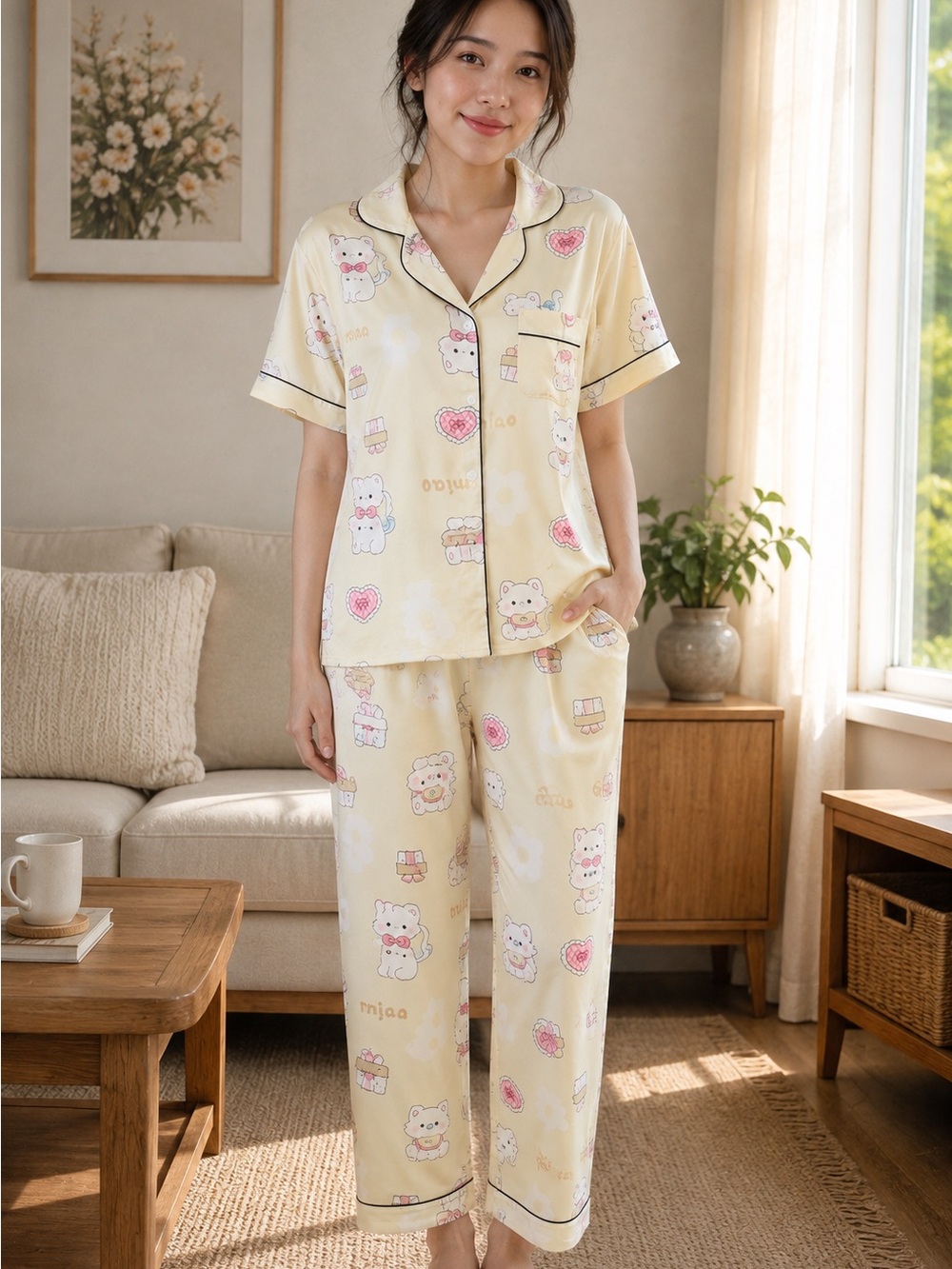 Cozy Yellow Cute Cartoon Short-Sleeve Pajama Set